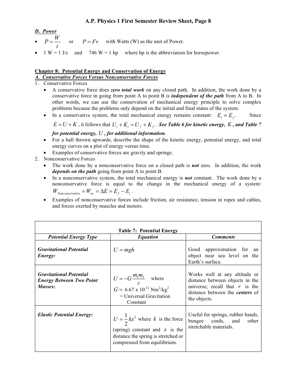 Ap Physics 1 First Semester Review Sheet, Page 8