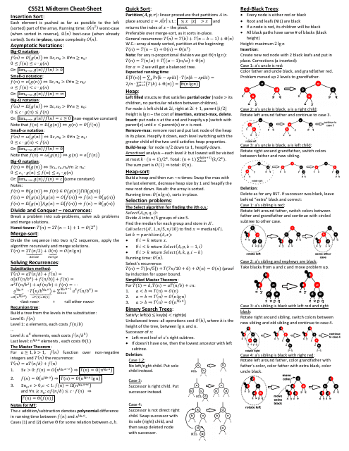 Computer Science Midterm Cheat Sheet - Sample Page with Important Formulas, Definitions, and Concepts