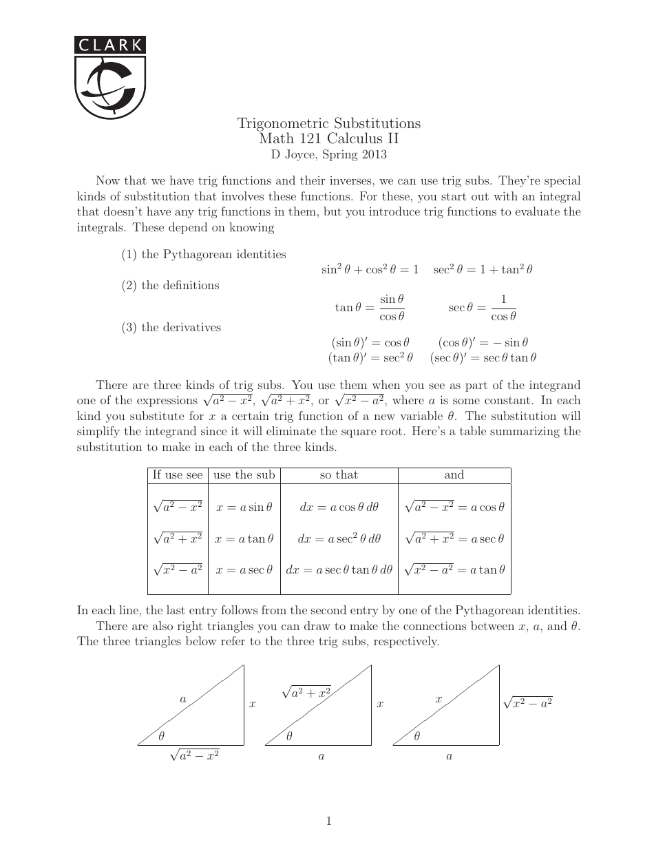 Math Calculus Cheat Sheet Trigonometric Substitutions Download Printable Pdf Templateroller 3029