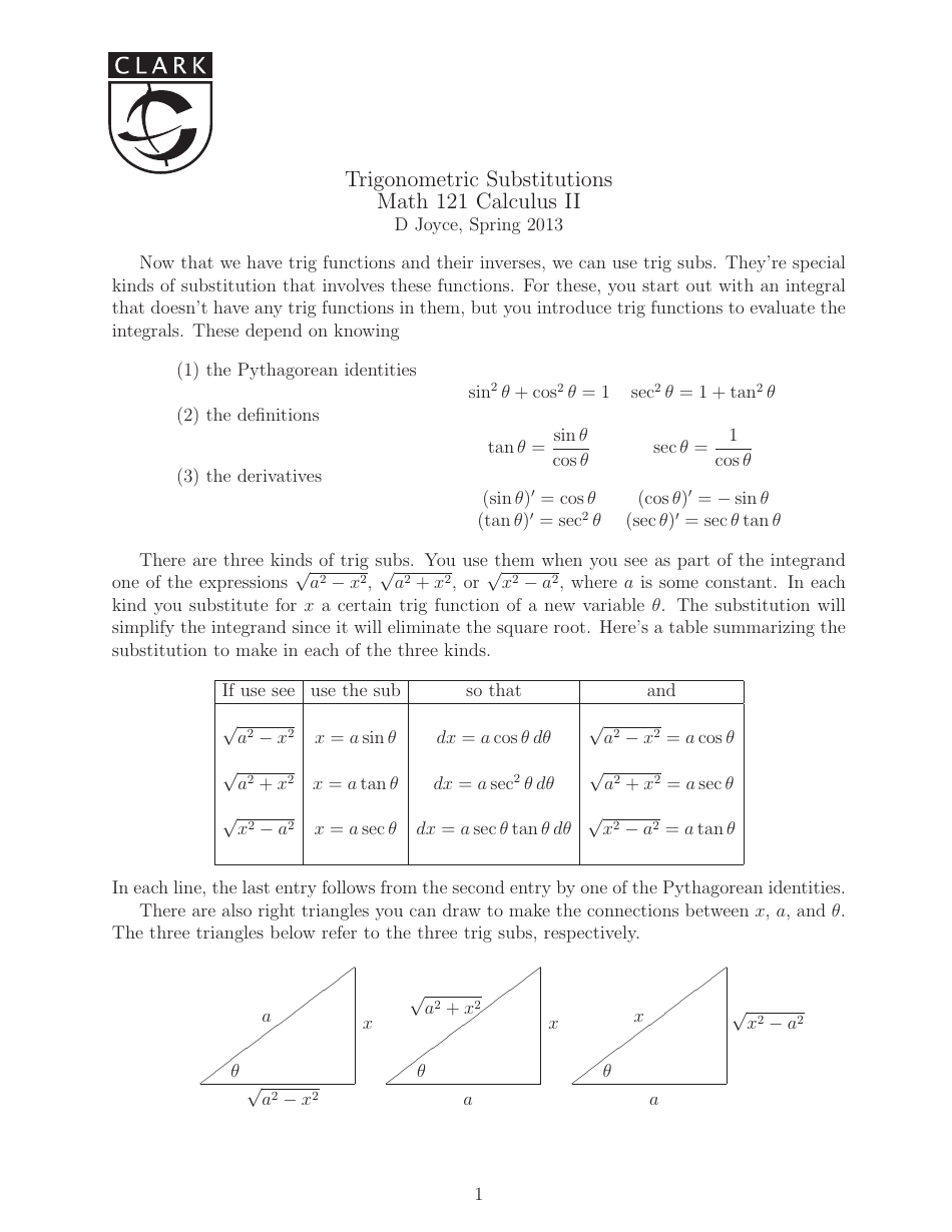 Math Calculus Cheat Sheet - Trigonometric Substitutions