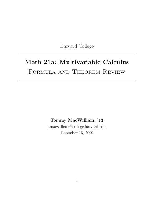 Math 21a Cheat Sheet: Multivariable Calculus - Tommy Macwilliam