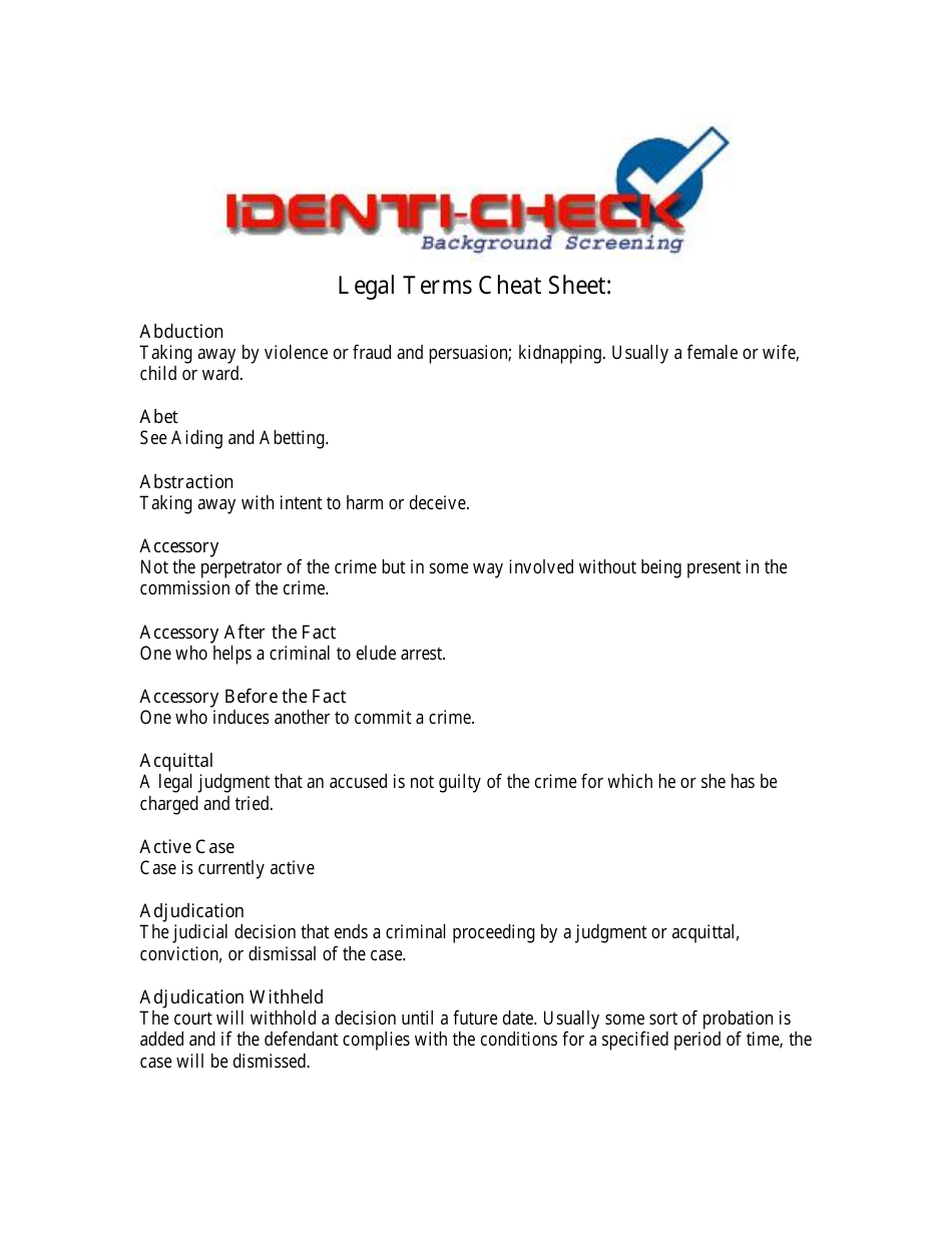 Legal Terms Cheat Sheet, Page 1