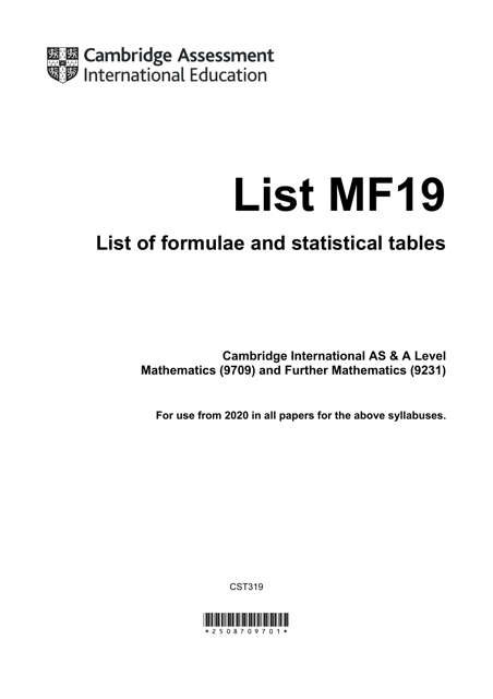 Cambridge International as & a Level Mathematics and Further Mathematics Formulae and Statistical Tables Cheat Sheet