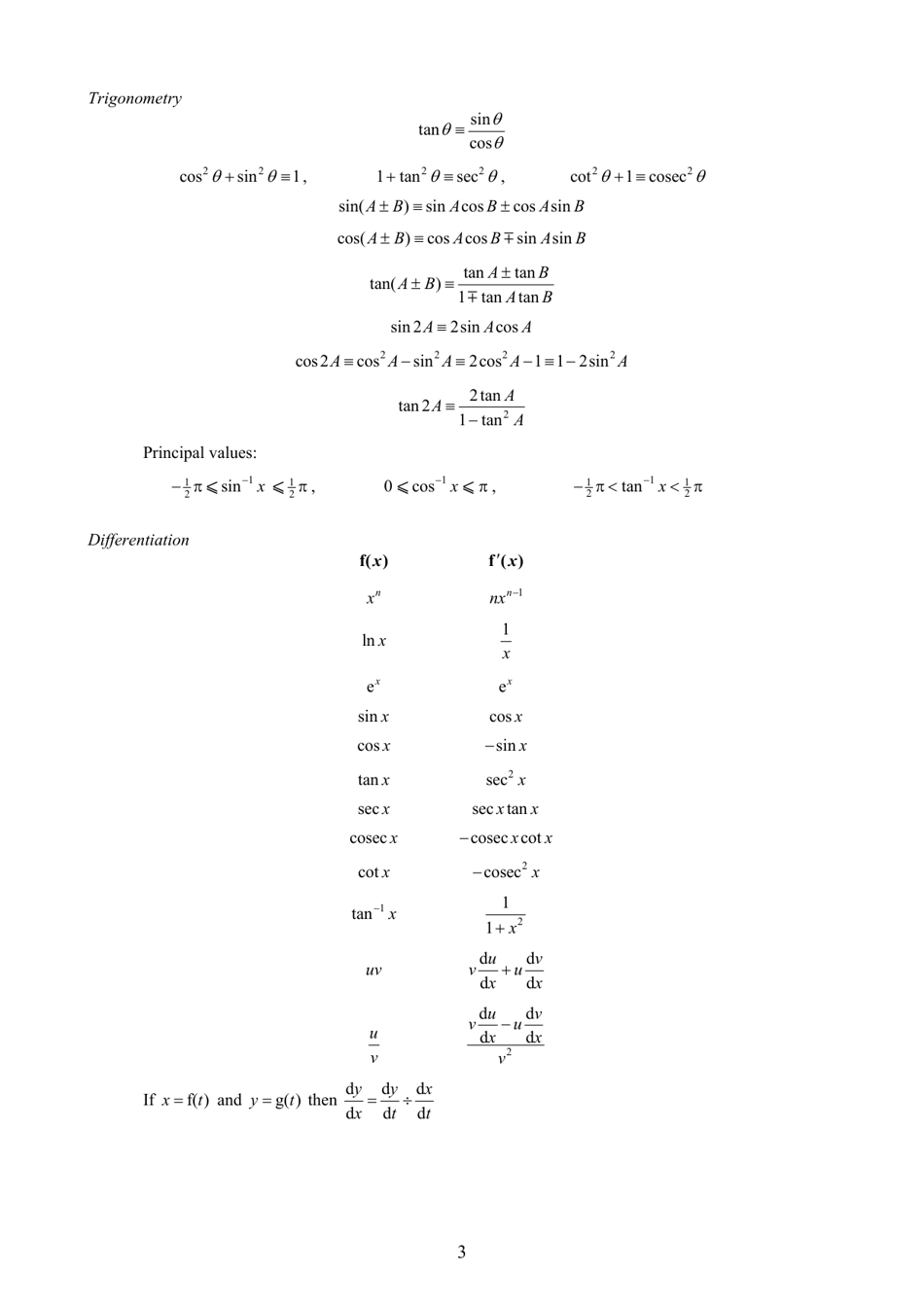 Cambridge International as  a Level Mathematics and Further Mathematics Formulae and Statistical Tables Cheat Sheet, Page 3