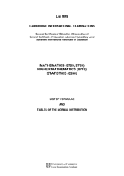 Document preview: Mathematics (8709, 9709), Higher Mathematics (8719), Statistics (0390) Formula Sheet