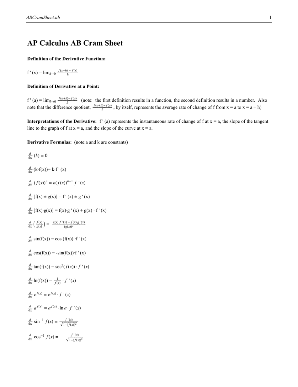 Ap Calculus AB Cheat Sheet Download Printable PDF Templateroller
