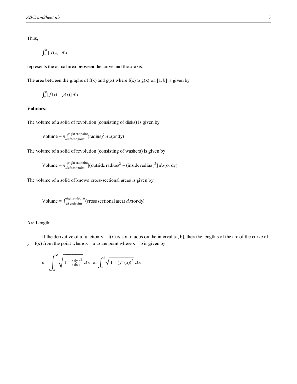 Ap Calculus Ab Cheat Sheet Download Printable Pdf Templateroller