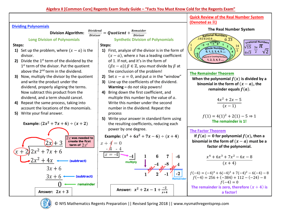 Algebra 2 Core) Regents Exam Cheat Sheet Download Printable PDF