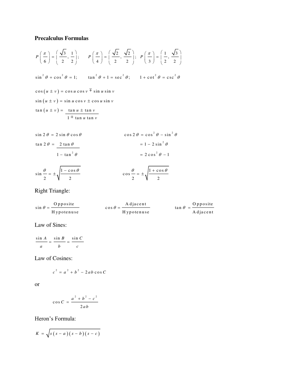 Precalculus Formulas Cheat Sheet Preview Image