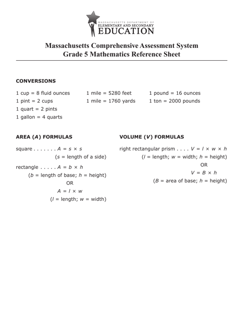Grade 5 Mathematics Reference Sheet - Example Image