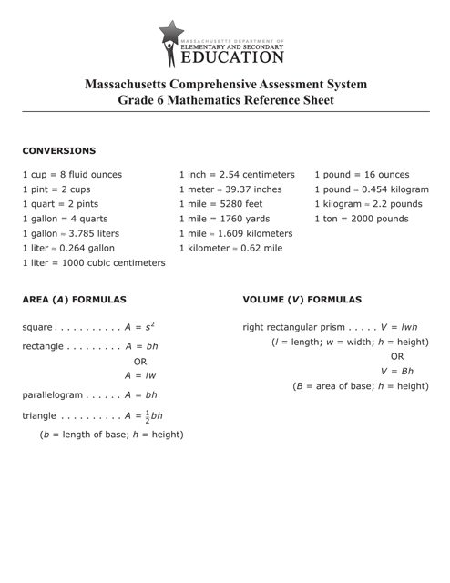 Grade 6 Mathematics Reference Sheet Cover
