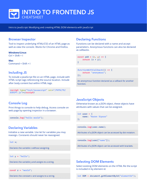 Frontend Intro Javascript Cheat Sheet Preview