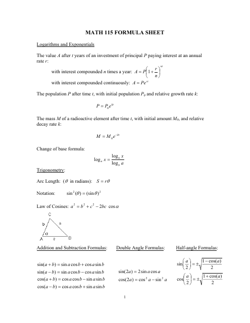 Math 115 Formula Sheet - Preview Image