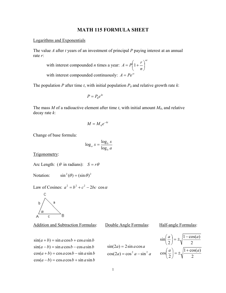 Math 115 Formula Sheet Download Printable PDF | Templateroller