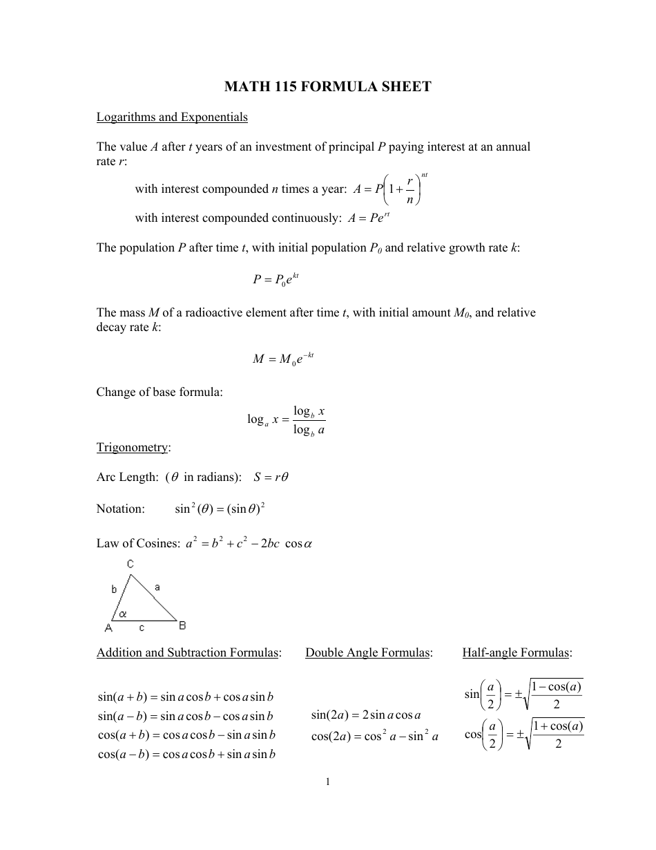 Math 115 Formula Sheet - Preview Image