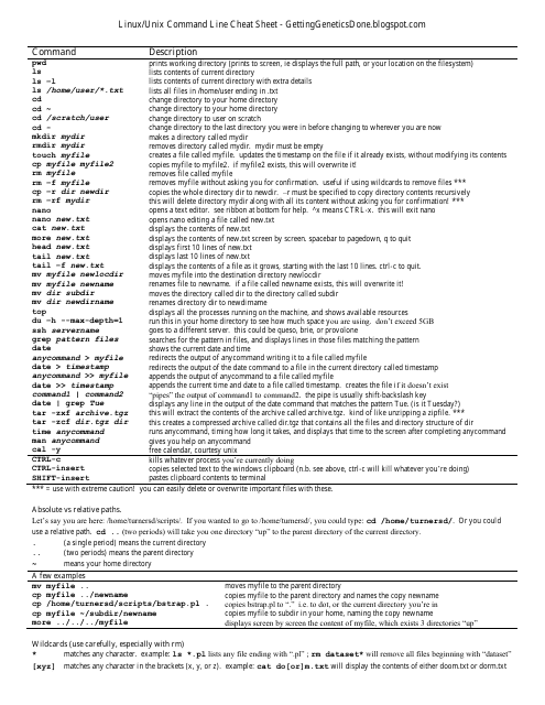 Linux/Unix command line cheat sheet document preview image