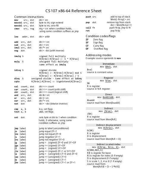 Assembly Reference Sheet for X86-64 architecture