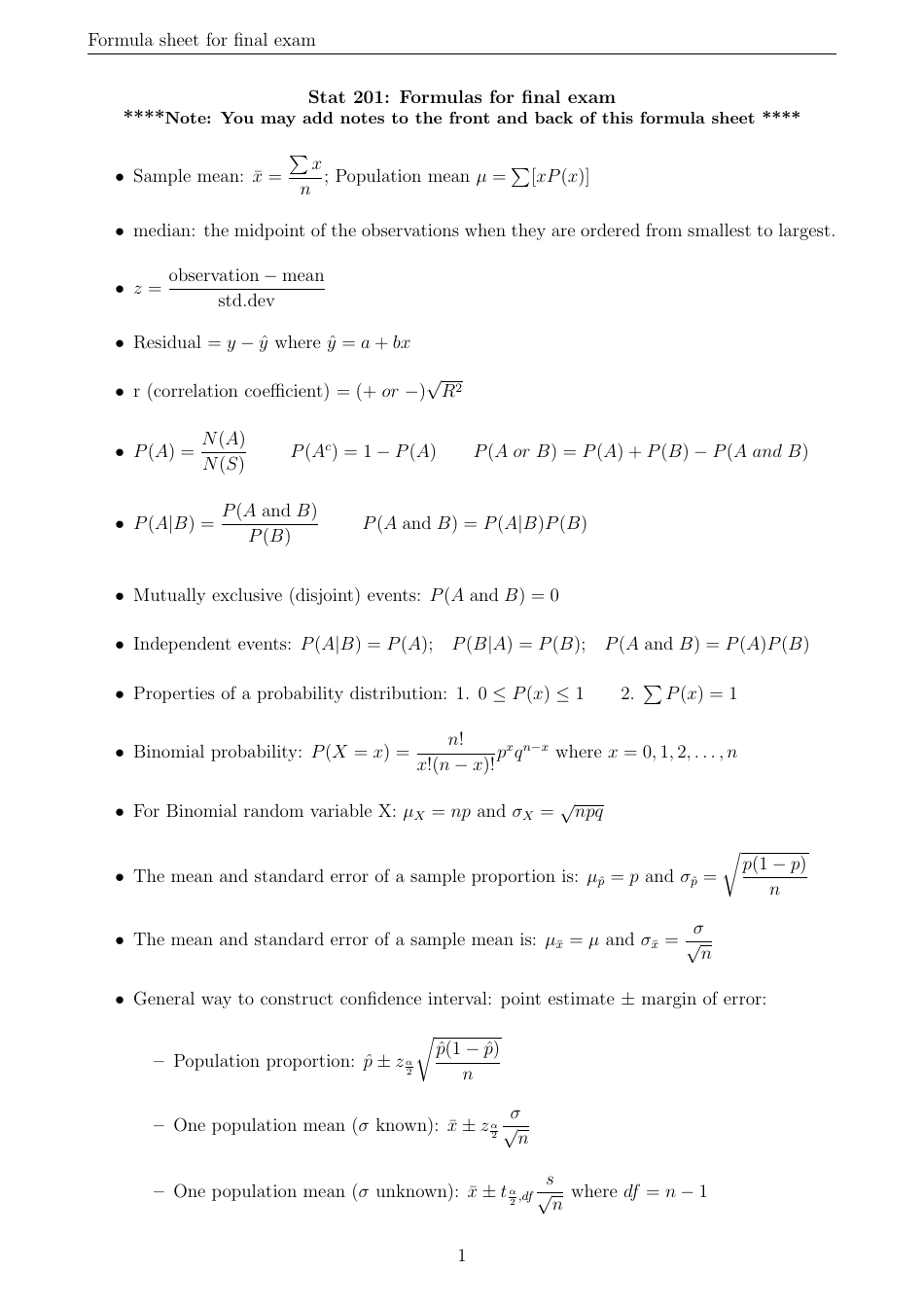 Stat 201 Final Exam Formula Sheet