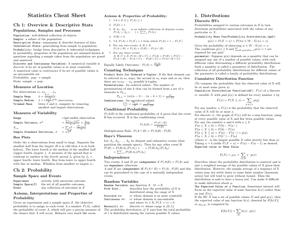 Statistics Cheat Sheet - Formulas preview image
