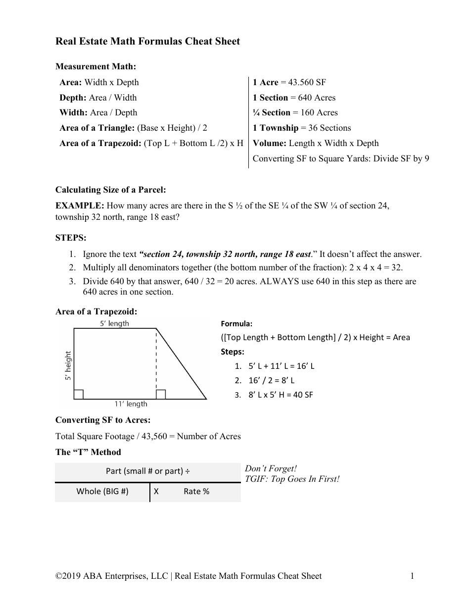 Real Estate Math Formulas Cheat Sheet - Image Preview