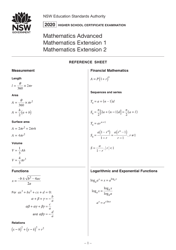 Document preview: Mathematics Advanced Reference Sheet