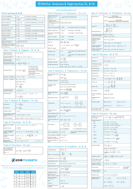 IB Math Formula Cheat Sheet - Analysis & Approaches SL & HL