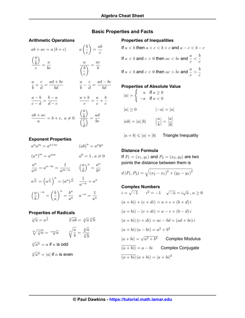 Algebra Cheat Sheet - Paul Dawkins