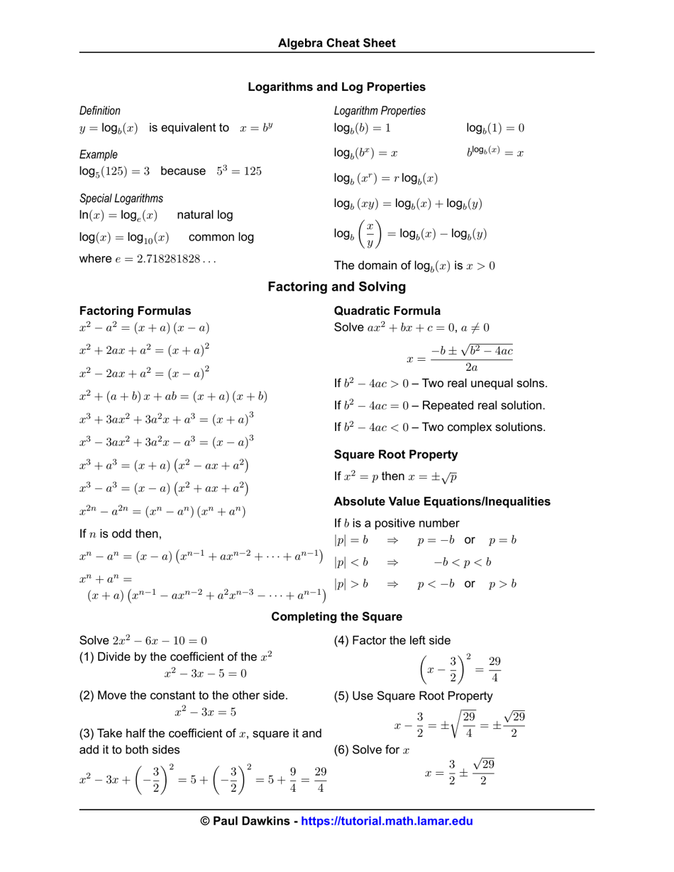 Algebra Cheat Sheet Paul Dawkins Download Printable Pdf Templateroller 4427