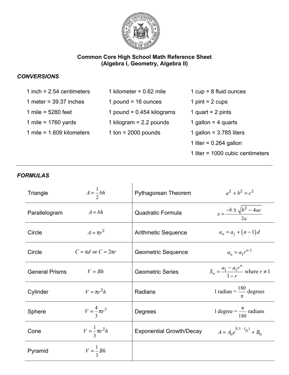 Common Core High School Math Reference Sheet Download Printable PDF