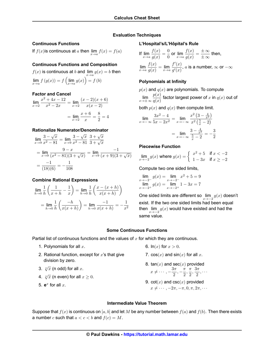 Calculus Cheat Sheet - Paul Dawkins Download Printable PDF | Templateroller