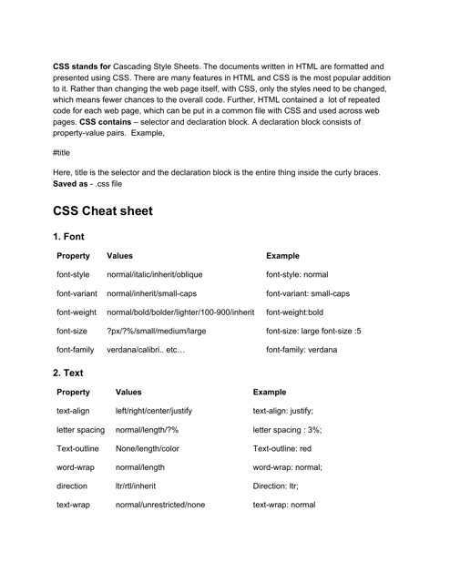 Css Cheat Sheet - Cascading Style Sheets