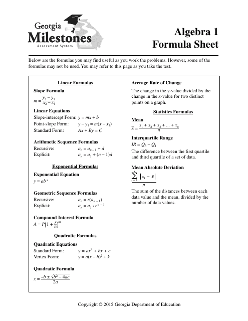 Preview of Algebra 1 Formula Sheet