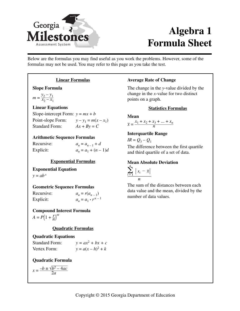 Algebra 1 Formula Sheet Download Printable PDF Templateroller