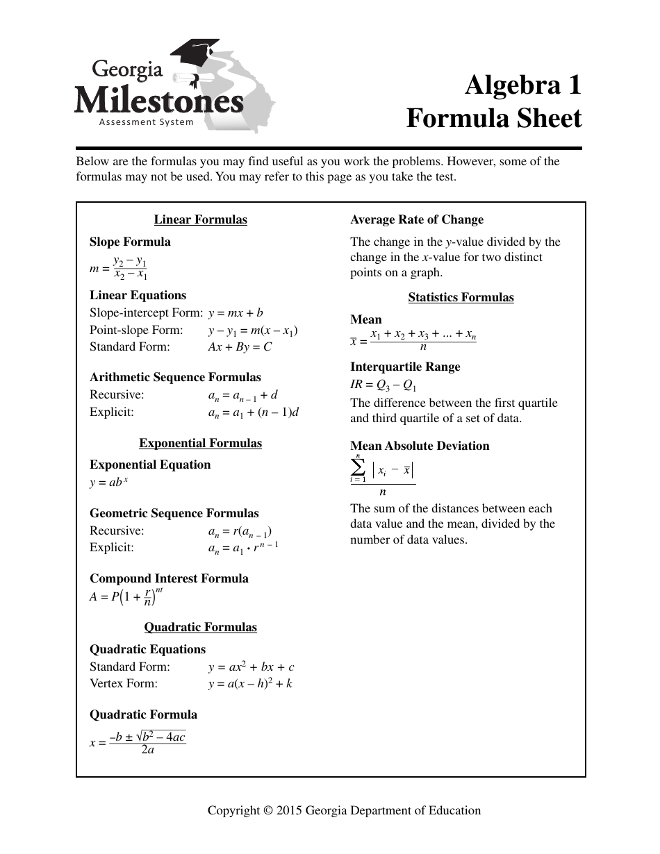 Preview of Algebra 1 Formula Sheet