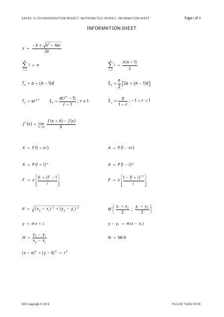 Grade 12 Mathematics Cheat Sheet - A comprehensive guide for Grade 12 students covering various mathematical concepts and formulas.