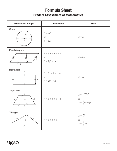 Grade 9 Geometry Formula Sheet - Assessment of Mathematics