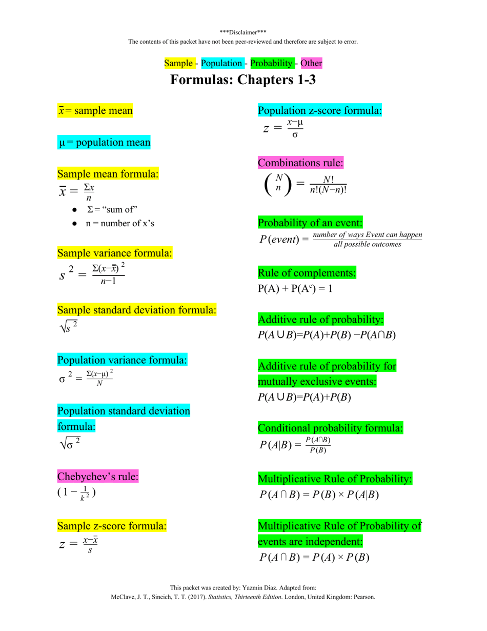 Statistics Formulas Cheat Sheet Download Printable PDF Templateroller