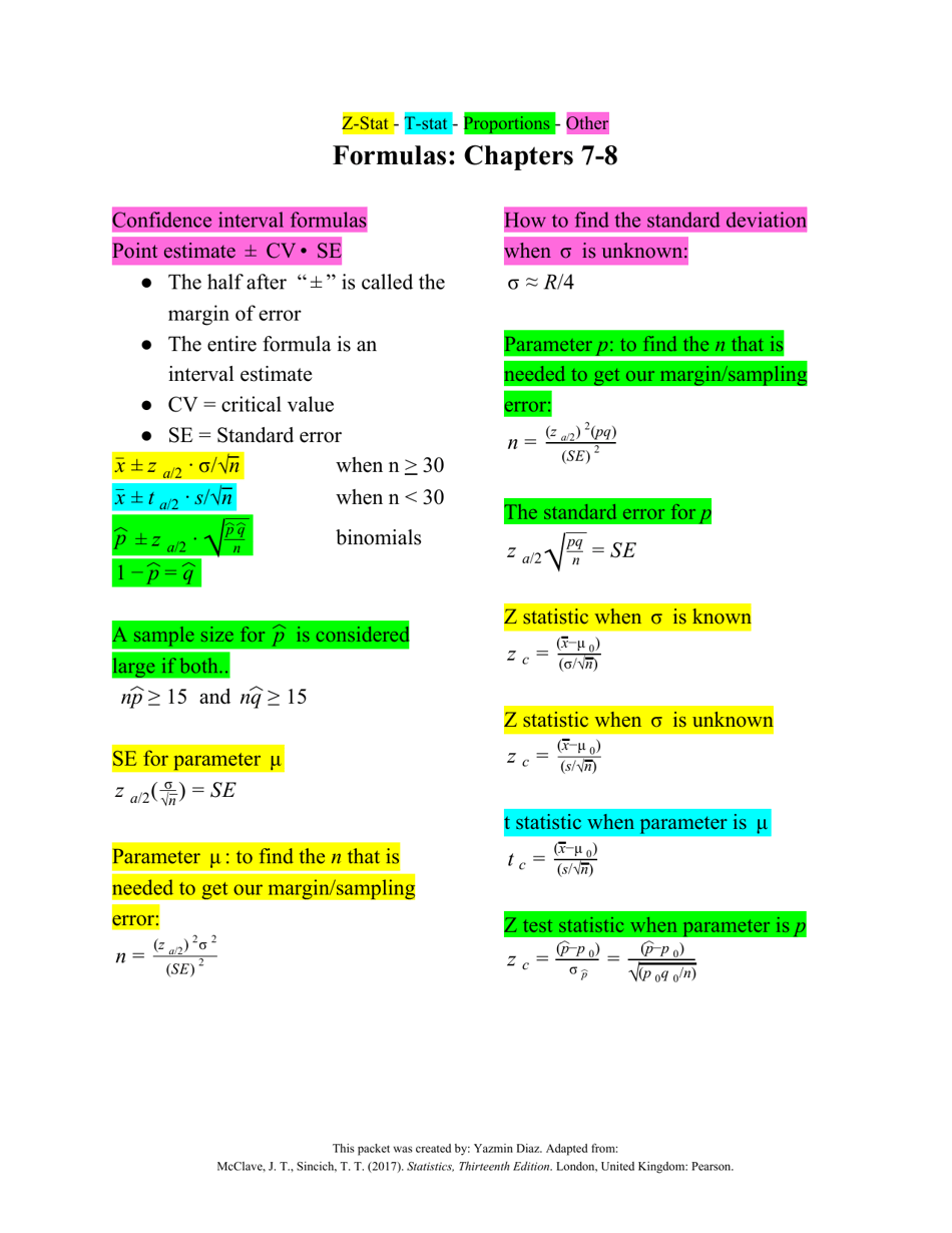 Statistics Formulas Cheat Sheet Download Printable Pdf Templateroller 0837