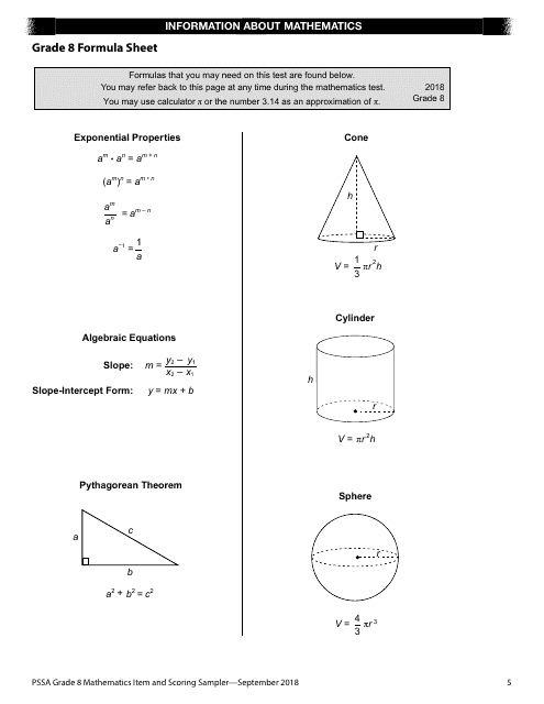 Grade 8 Mathematics Formula Sheet - Pssa