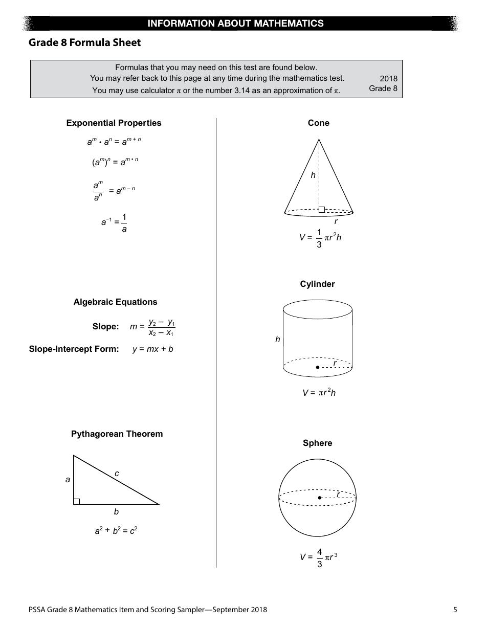 Grade 8 Mathematics Formula Sheet Preview - Pssa