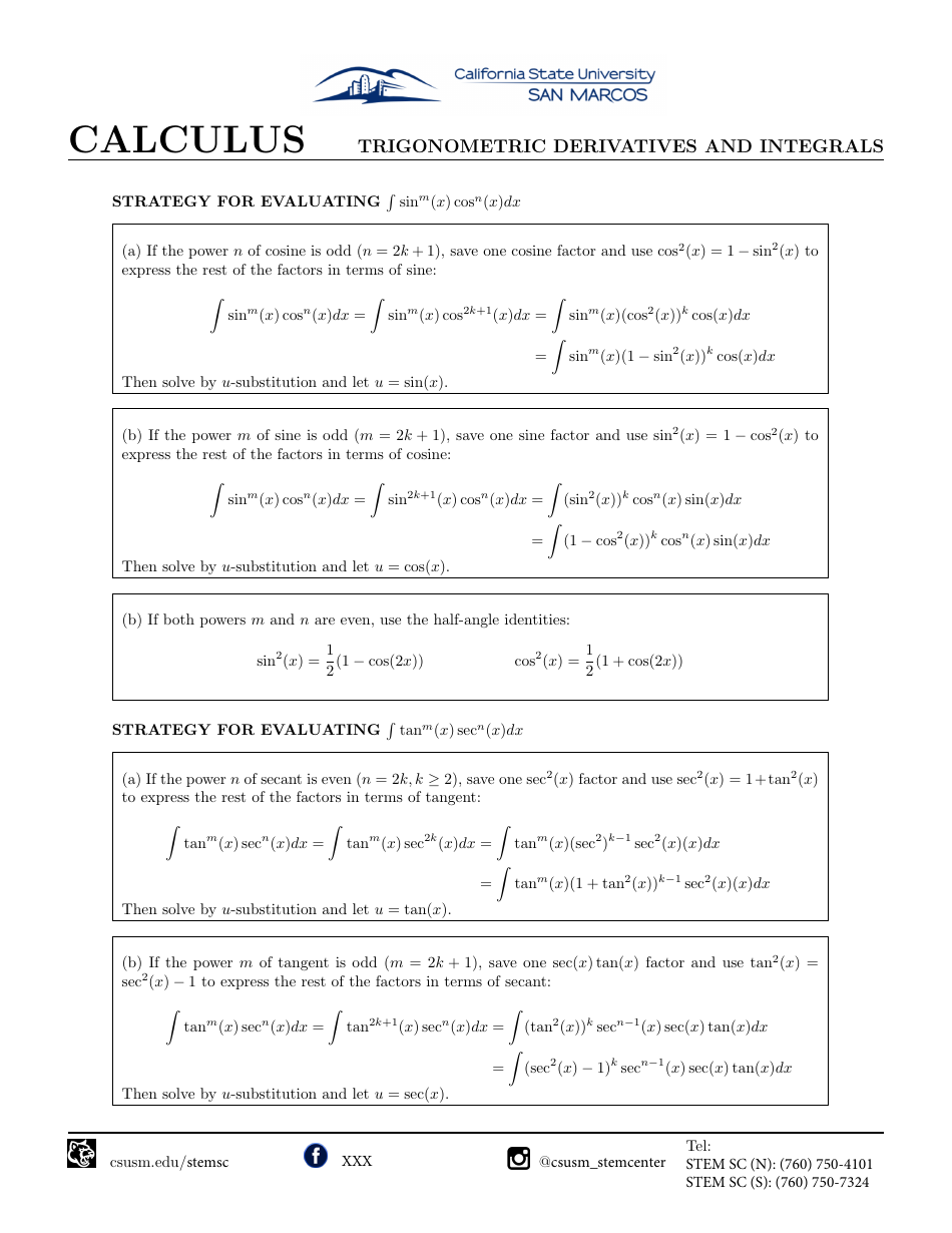 Trigonometric Derivatives And Integrals Calculus Cheat Sheet Download ...