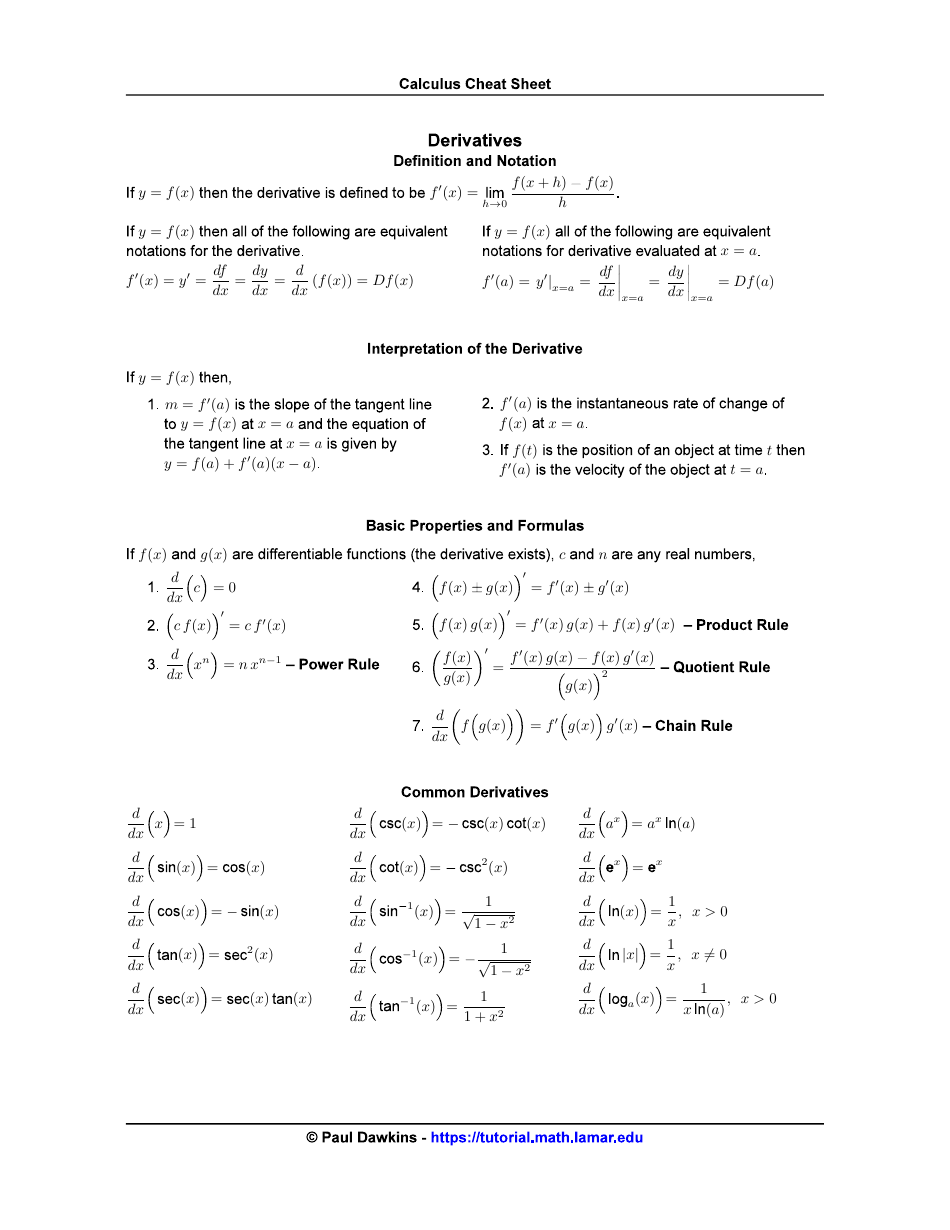 Calculus Cheat Sheet Derivatives Download Printable Pdf Templateroller 6589