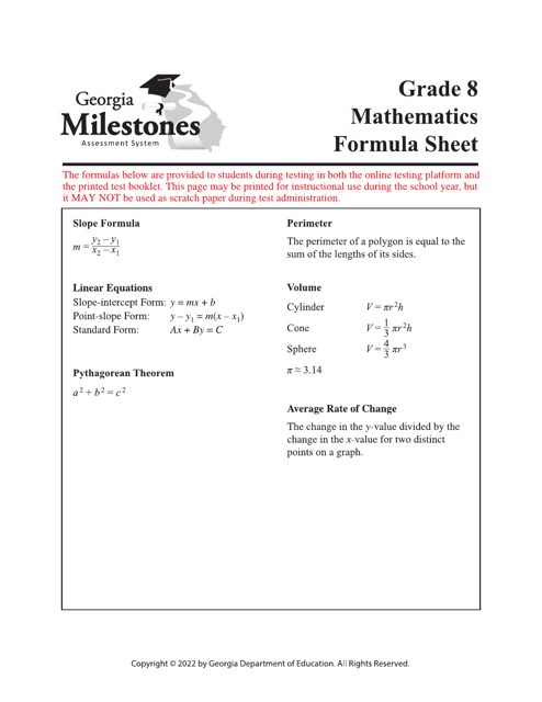 Grade 8 Mathematics Formula Sheet - Georgia Milestones Assessment System - Georgia (United States) Download Pdf