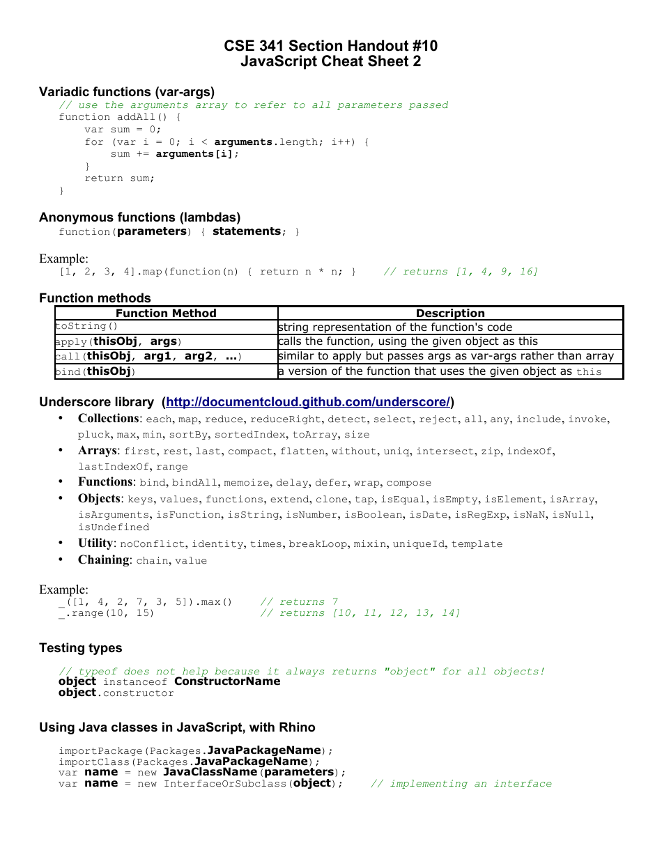 CSE 341 Javascript Cheat Sheet Preview Image