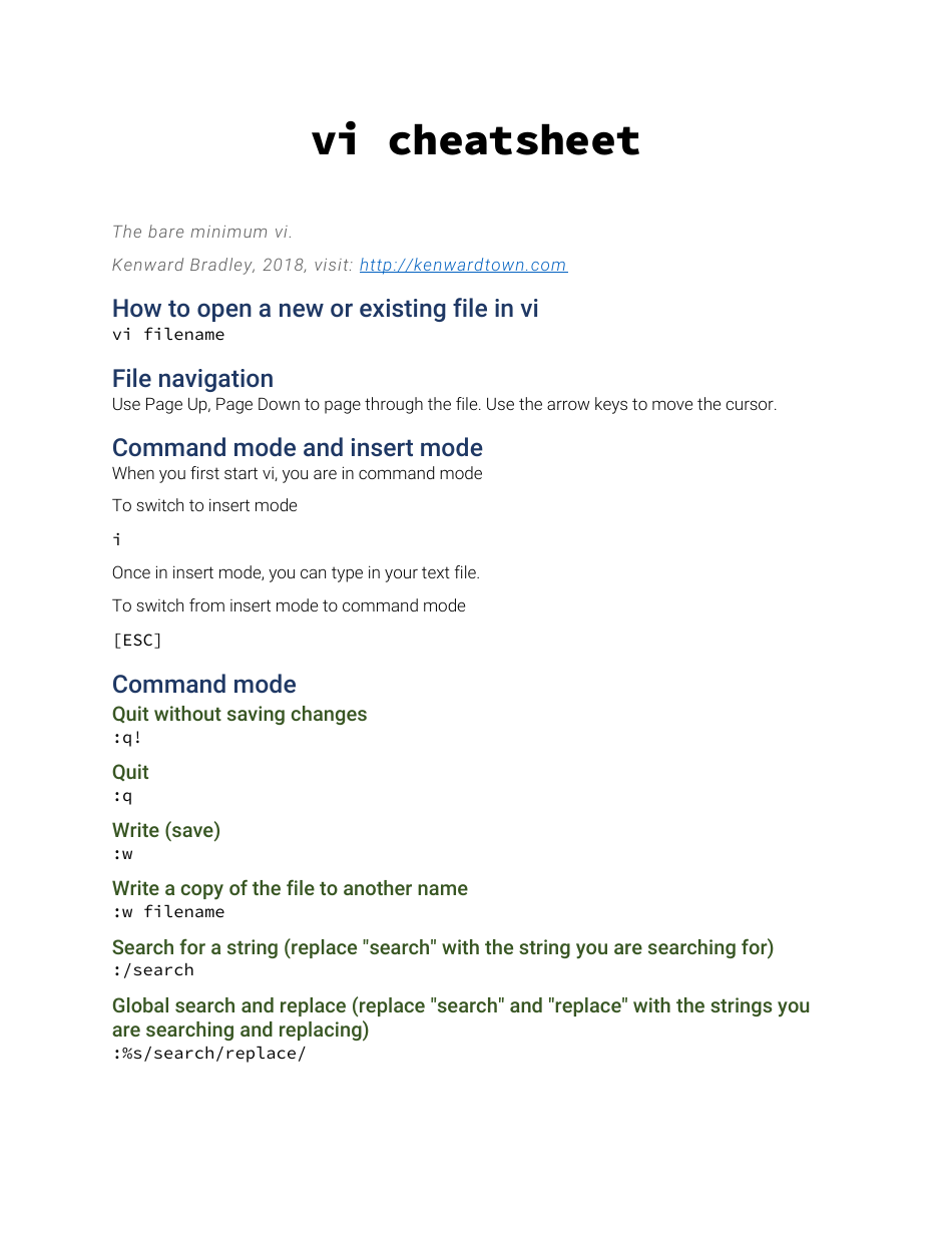 A visually appealing cheat sheet for learning and using VI, designed by Kenward Bradley.