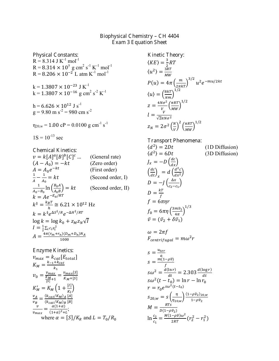 Biophysical Chemistry Equation Sheet Download Printable PDF ...