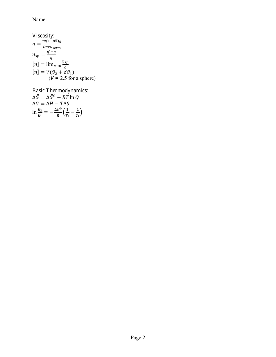 Biophysical Chemistry Equation Sheet, Page 2