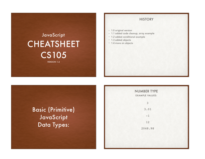 Javascript Cheat Sheet - Cs105