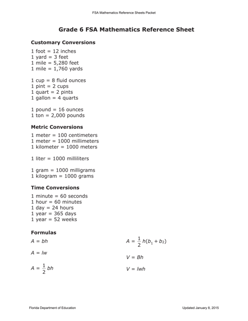 Grade 6 FSA Mathematics Cheat Sheet