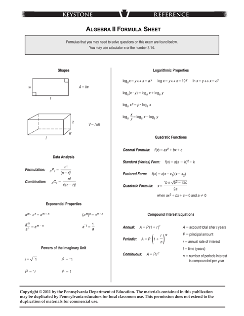A preview of the Algebra II Formula Sheet document